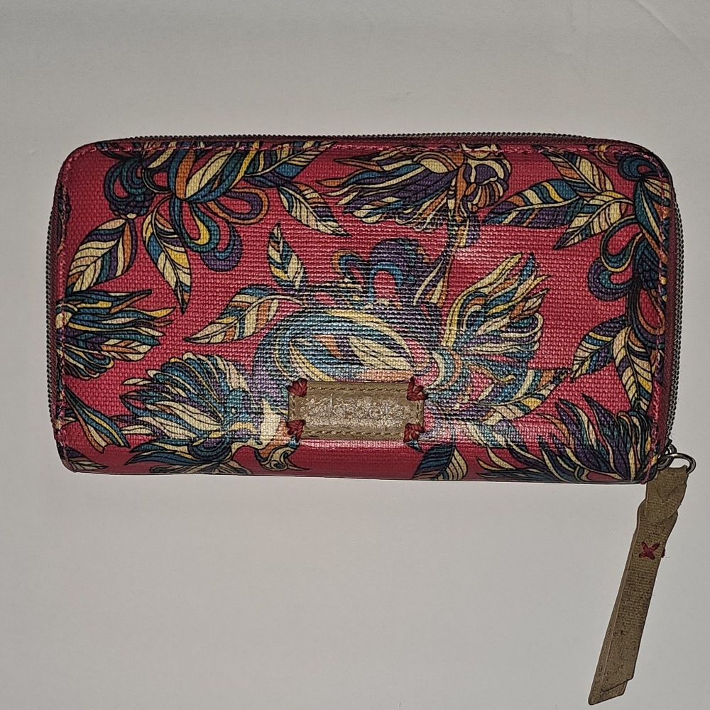 Sak Roots "Peace" Red/Pink With Birds Zip Wallet